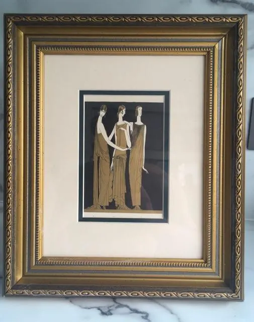 Art Deco 1922 French Pochoir Print in Gold 'Three Mademoiselles' from Paris by Lucien Vogal