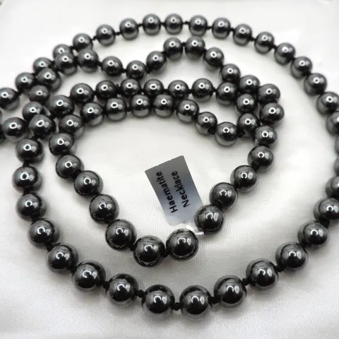 36 Inch Hematite 9mm Bead Necklace New With Gift Pouch