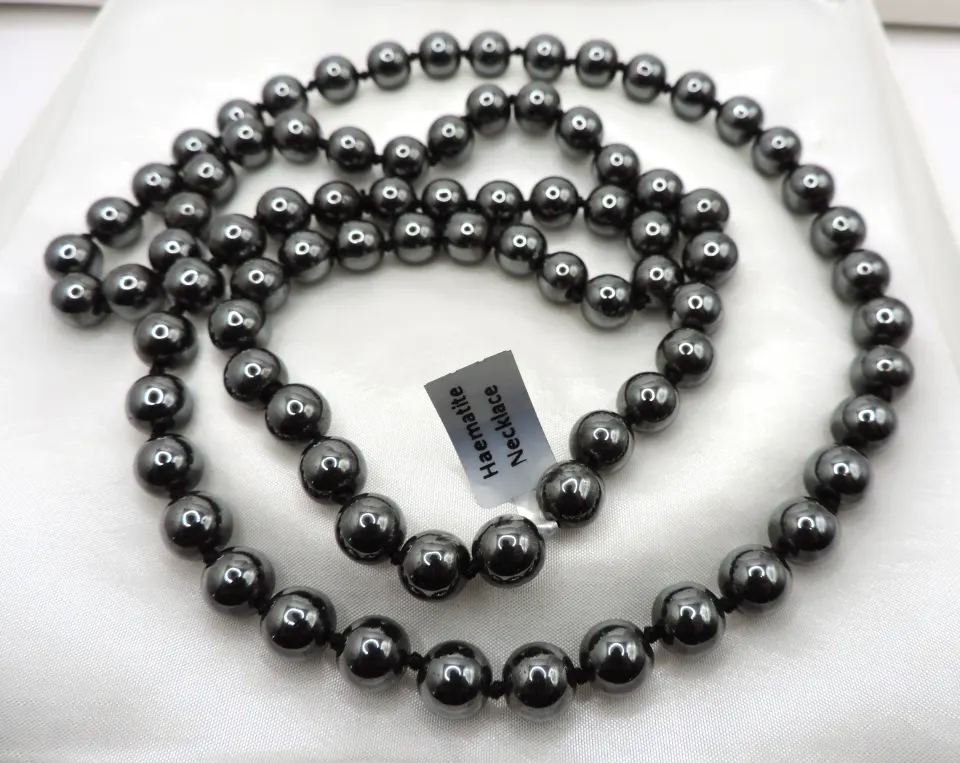 36 Inch Hematite 9mm Bead Necklace New With Gift Pouch