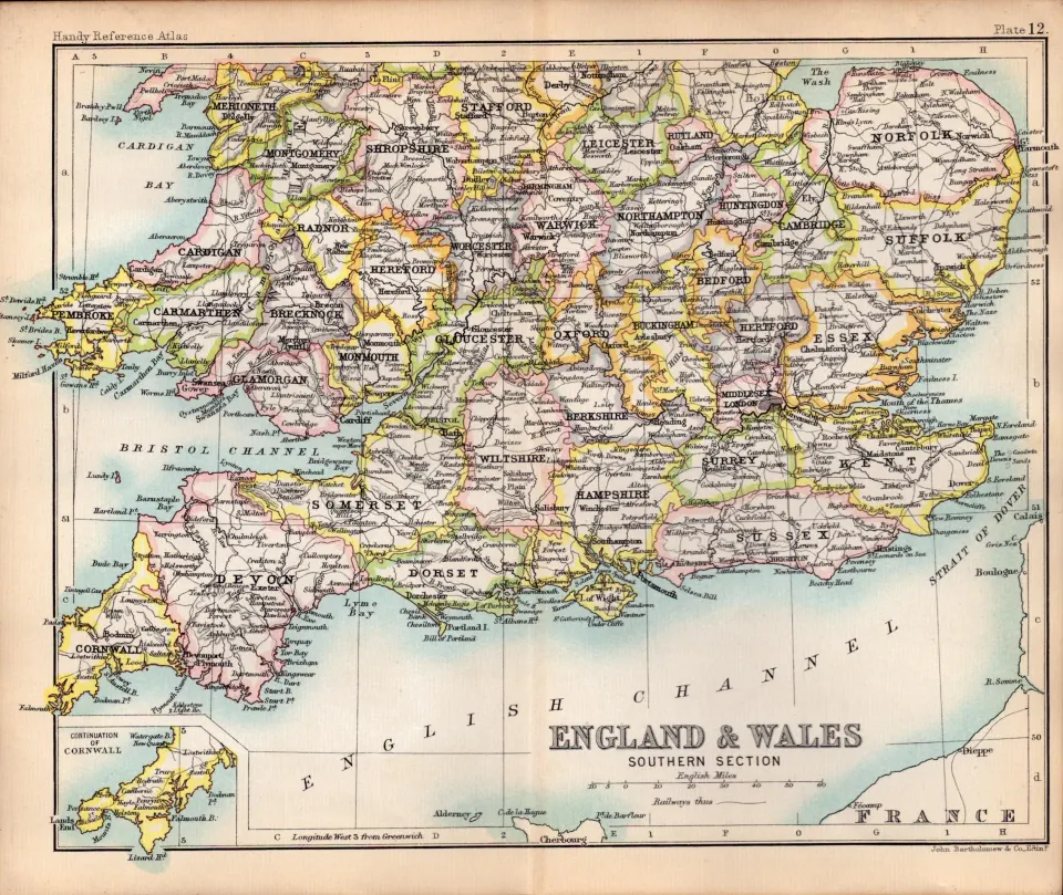 England & Wales Southern Section Area Double Sided Antique 1896 Map.