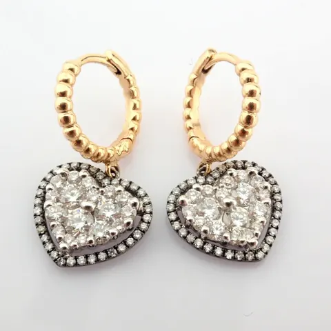 18K Yellow and White Gold Heart Earrings Detailed With Brilliant Diamonds