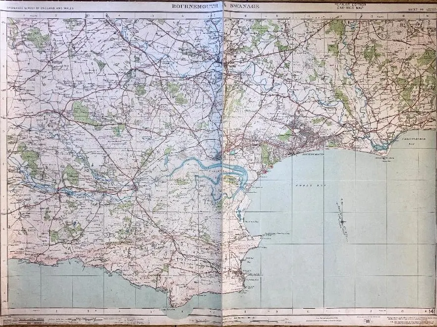 Bournemouth & Swanage, Cloth Backed Antique 1919 Engineering Map.