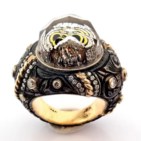 An Exquisite Hand-Made Gold & Silver Ring. Detailed With Topaz With Reversely Engraved Intaglio Owl