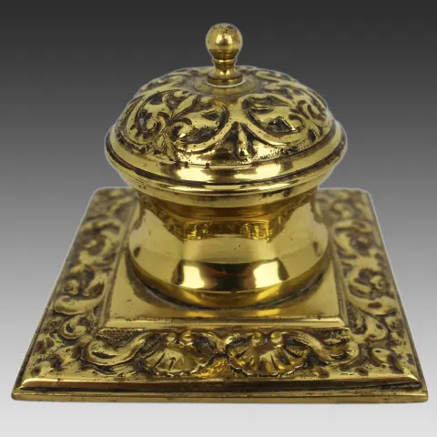 Victorian Brass Inkwell with Ornate Scrollwork – c.1880