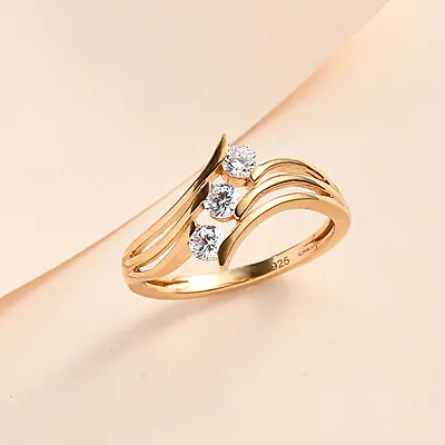 New! Cubic Zirconia 3 Stone Ring in 14K Yellow Gold Overlay Sterling Silver