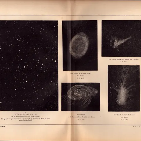 Star Atlas Nebula Spiral Crab Omega Ring Astronomy Antique Print.
