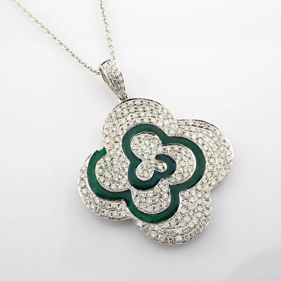 18K White Gold Necklace Detailed With Enamel , Brilliant Diamonds and Gold
