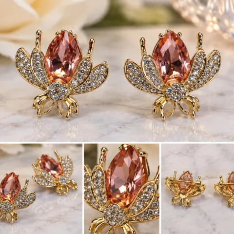 Pair of Matching Gold Tone Floral Brooches with Peach Pink Stones