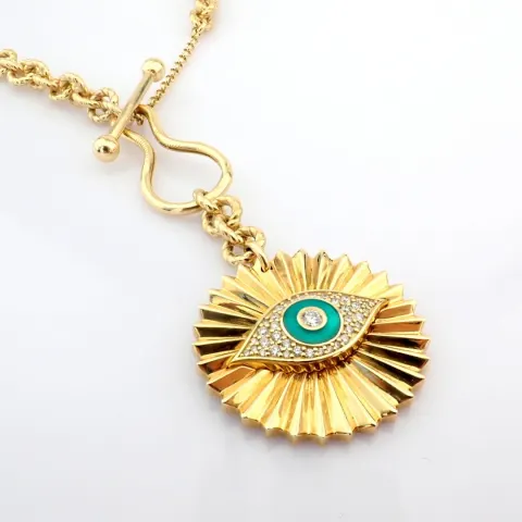 18K Yellow Gold Evil Eye Necklace Detailed With Brilliant Diamonds and Enamel