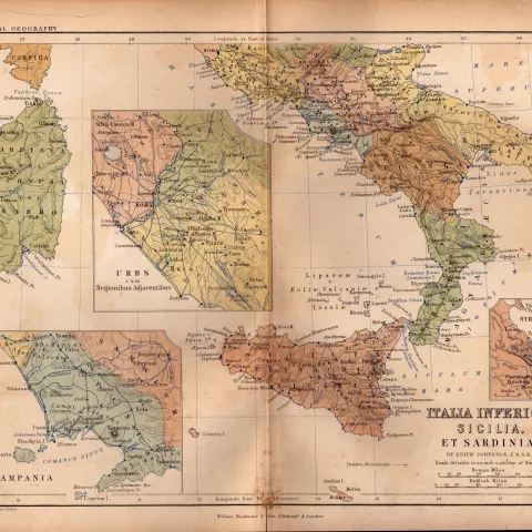 Antique 1867 Coloured Geography Map Italia Sicillia.