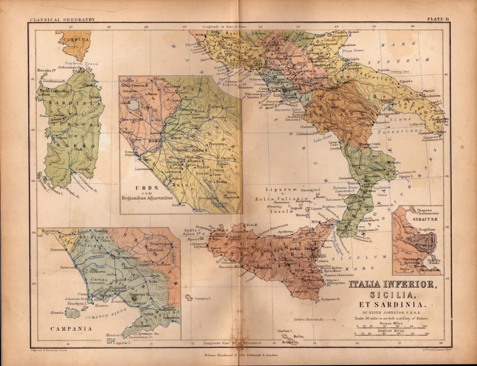 Antique 1867 Coloured Geography Map Italia Sicillia.