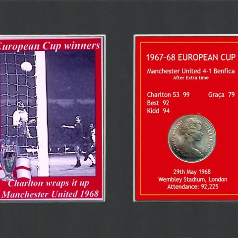 Charlton Scores His 2nd Manchester United 1968 European Cup Mounted Coin Metal Art
