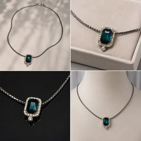 Elegant Green Stone Pendant Necklace with Crystal Halo