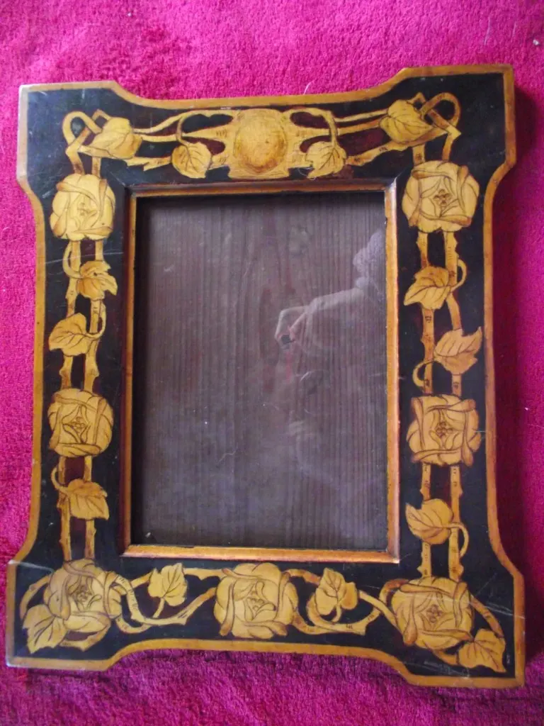 Antique Arts & Craft - Pen & Ink Decorated Picture Frame - 14 3/8" x 11 7/8" x 5/8"