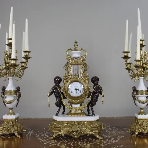 Fine Vintage Marble & Bronze Garniture Clock Set