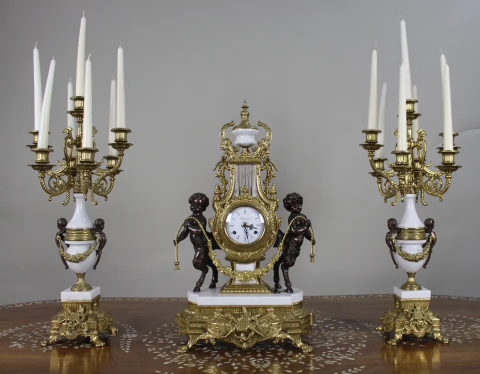 Fine Vintage Marble & Bronze Garniture Clock Set