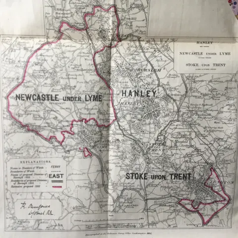 Antique 139 Years-Old Scarce Map Stoke On Trent 1885 Boundary Changes.