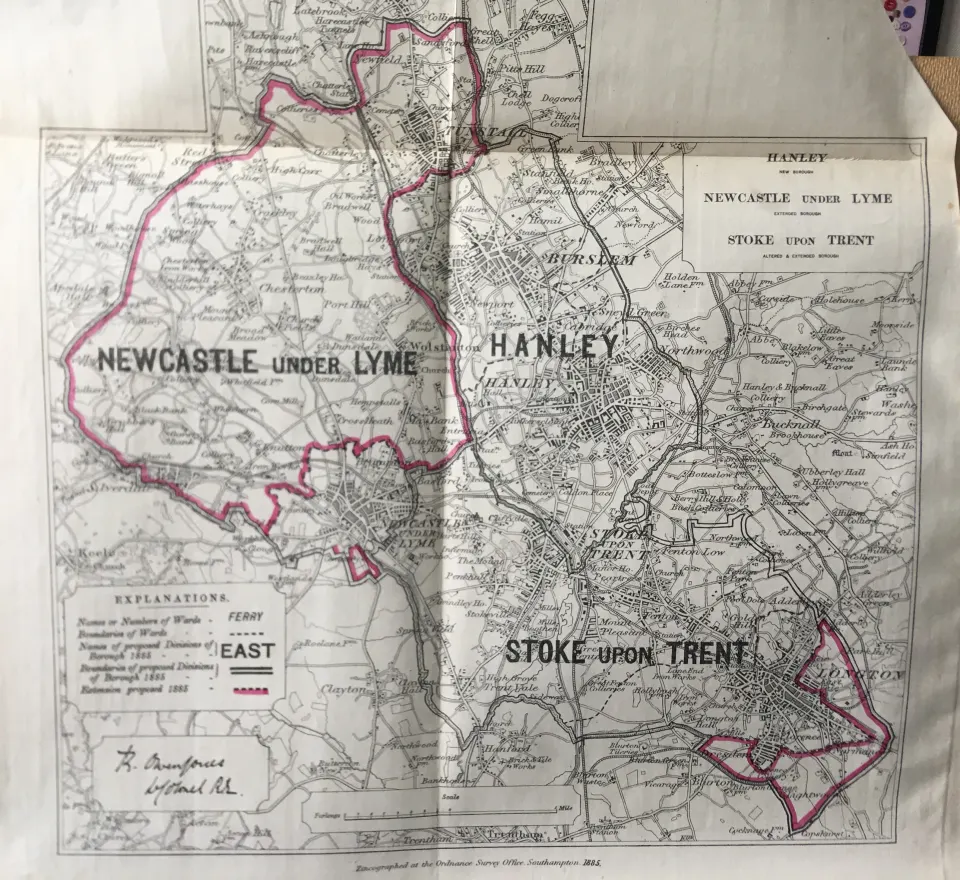 Antique 139 Years-Old Scarce Map Stoke On Trent 1885 Boundary Changes.