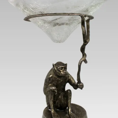 Vintage Silvered Bronze Monkey Centrepiece with Crackle Glass Bowl