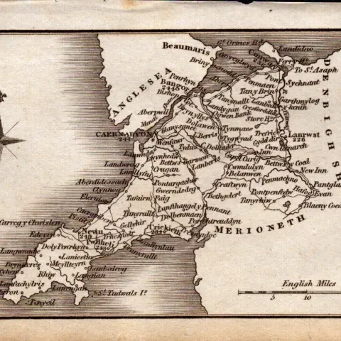 Wales Carnarvonshire Antique Copper Engraved Map by Sidney Hall.