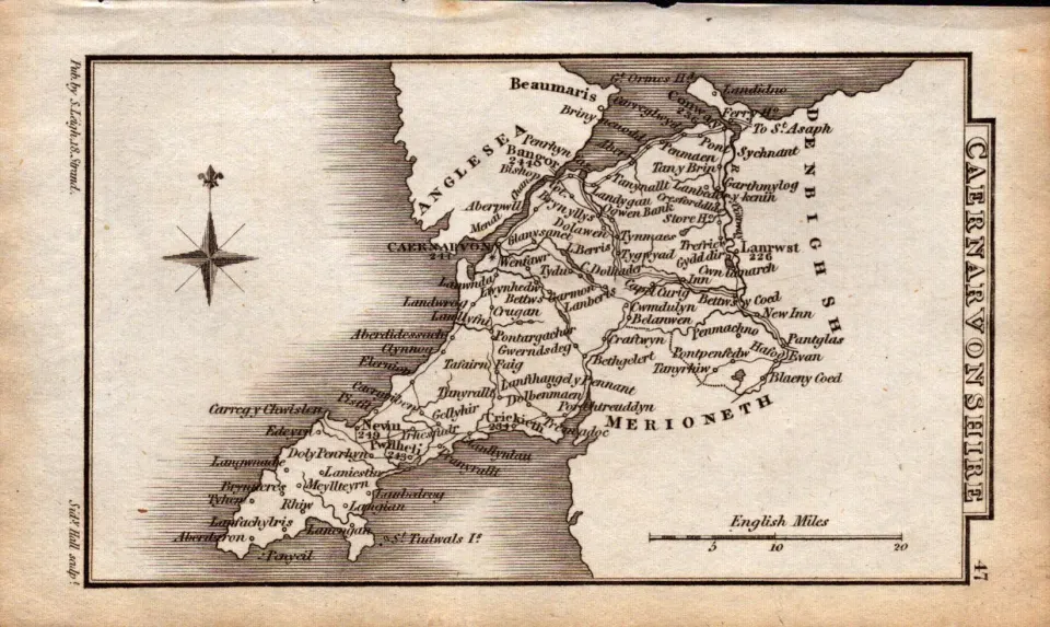 Wales Carnarvonshire Antique Copper Engraved Map by Sidney Hall.