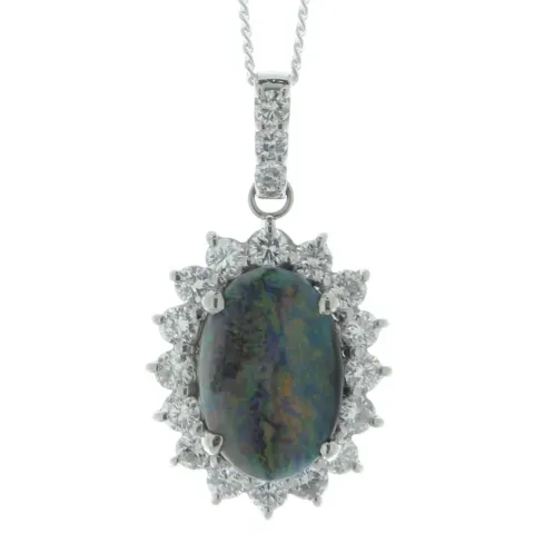 Platinum Oval Cluster Diamond And Opal Pendant (O2.36) 0.88 Carats