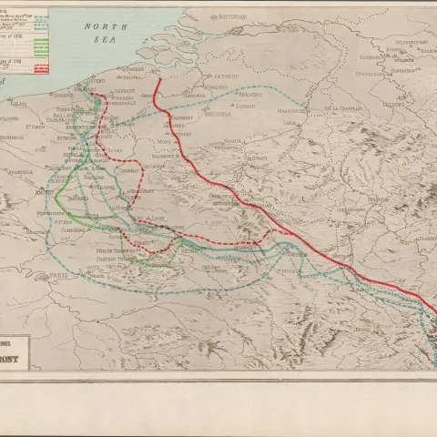 WW1 The Main Battlefields Western Front  Coloured Antique Map 1922.