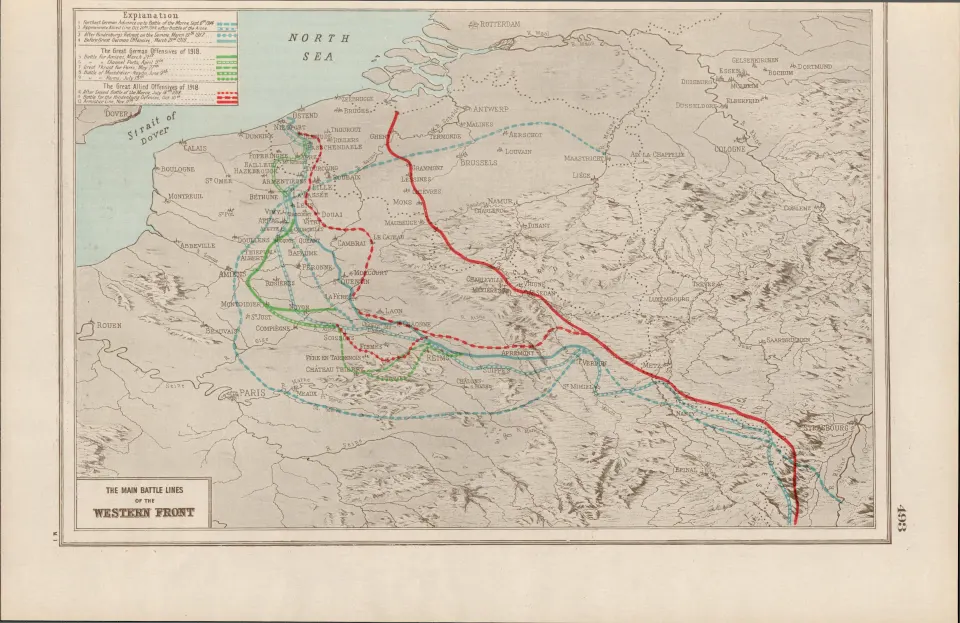 WW1 The Main Battlefields Western Front  Coloured Antique Map 1922.