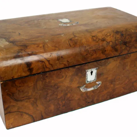 Victorian Walnut Writing Box with Mother of Pearl Crested Decoration