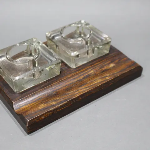 Edwardian English Oak & Glass Inkwell