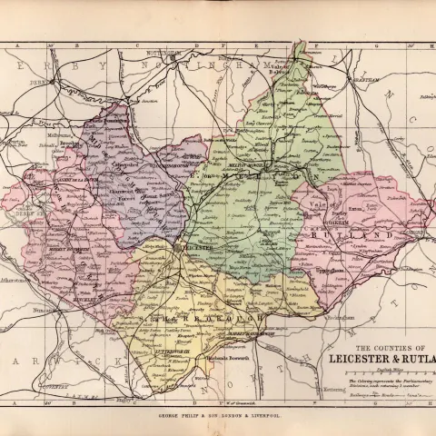 County Leicestershire 1895 Antique Victorian Coloured Map.