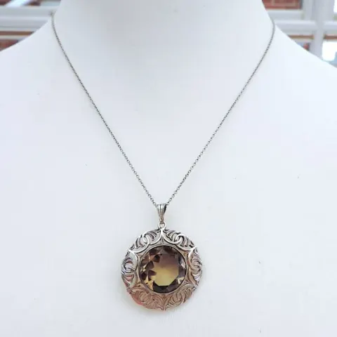 Vintage Sterling Silver 41 Carat Smokey Quartz Pendant Necklace c.1954
