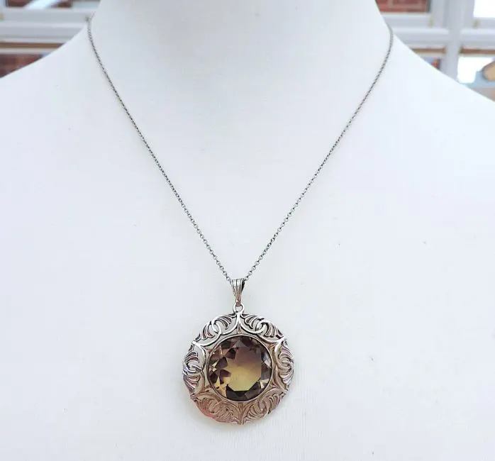 Vintage Sterling Silver 41 Carat Smokey Quartz Pendant Necklace c.1954