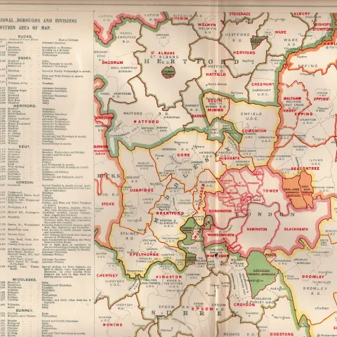 Bacons Vintage London Suburbs Court Petty Sessions Detailed Coloured Map.