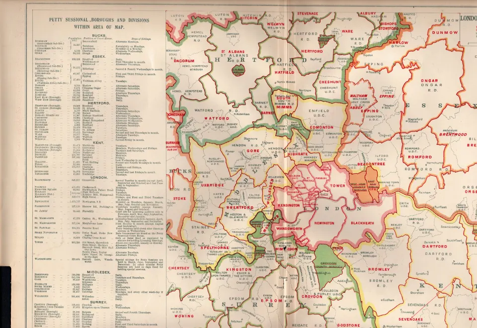 Bacons Vintage London Suburbs Court Petty Sessions Detailed Coloured Map.