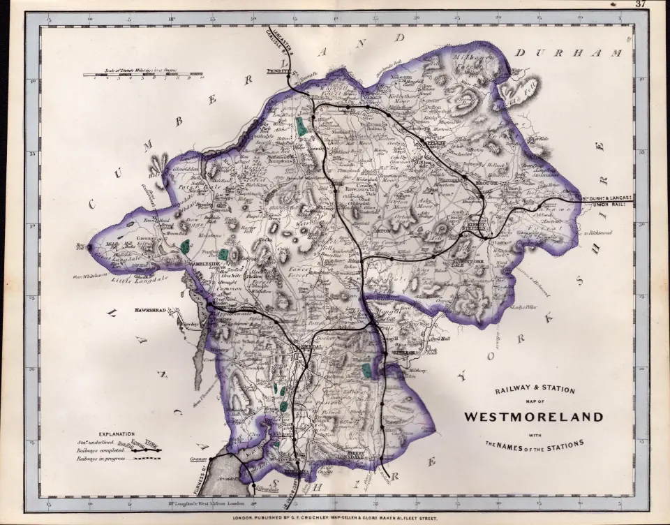 The Lake District Cruchley's Scarce Antique Railways & Stations Coloured Map.