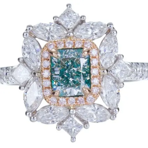 Natural - 0.88ct Radiant Cut Fancy Green/Blue Diamond Ring - GIA Certified