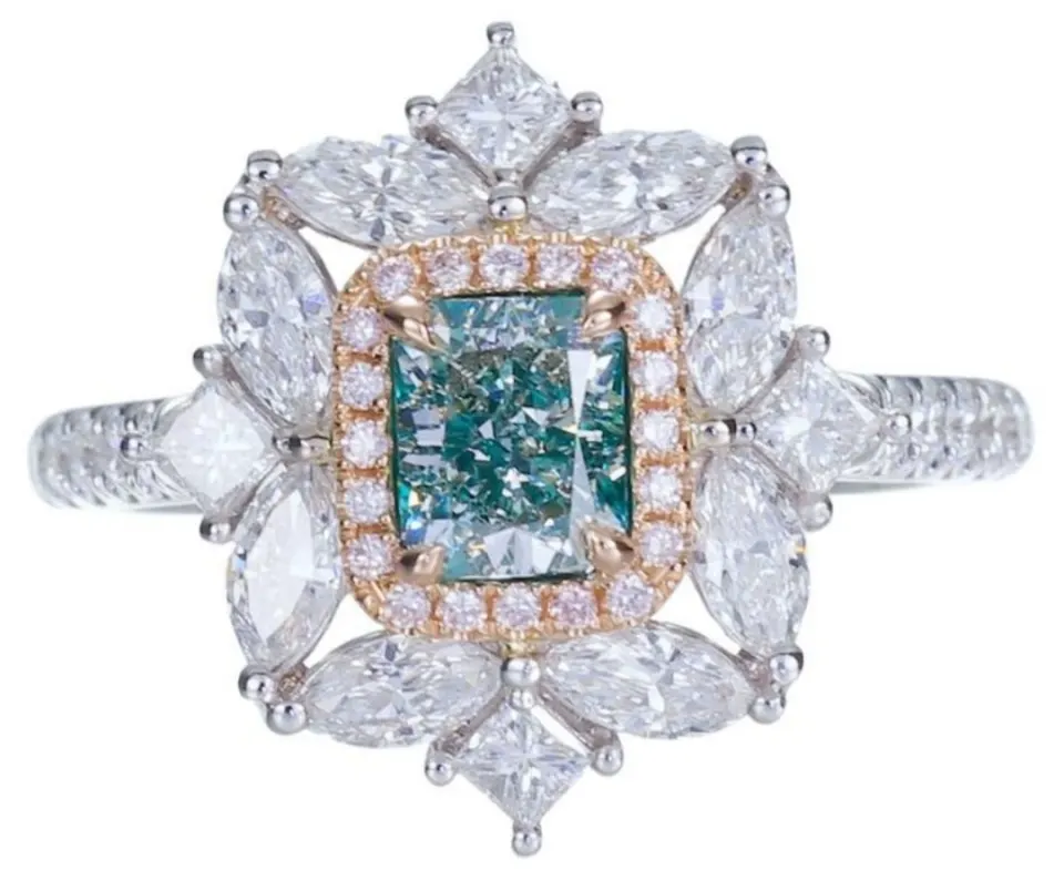 Natural - 0.88ct Radiant Cut Fancy Green/Blue Diamond Ring - GIA Certified