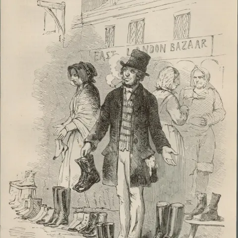 London Rosemary Lane Slum Shopping Antique 1864 Henry Mayhew Print.