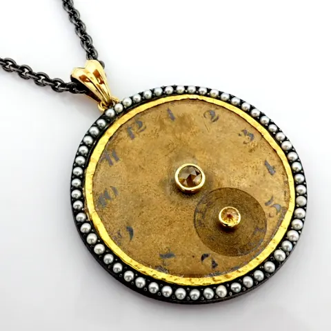 An Exquisite Necklace Made of Gold and Silver, Featuring An Antique Watch Dial Adorned With Diamonds
