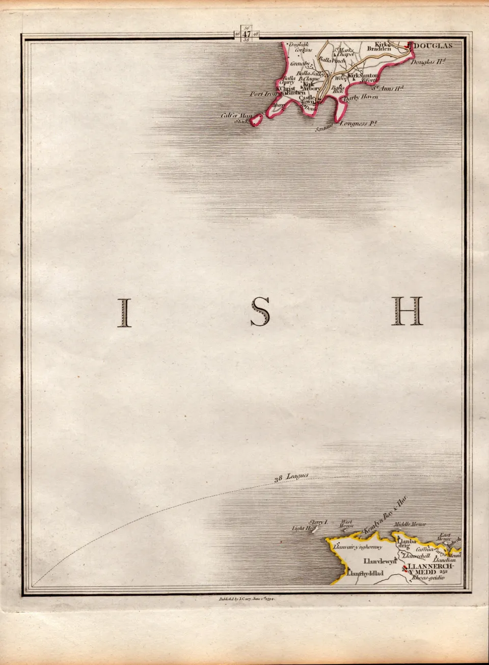 Isle of Man South Douglas, Port Erin John Cary’s Antique George III 1794 Map.