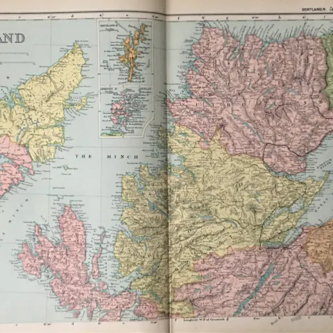 Coloured Antique Large Map Scotland Highlands Shetland Orkneys Etc 1904.