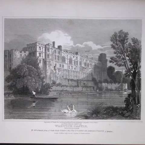 Warwick Castle Warwick 190 Years-Old Rare John Britton Antique Steel Engraving-123