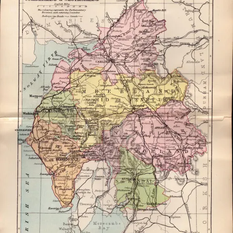 Lake District & Cumbria 1895 Antique Victorian Coloured Map.