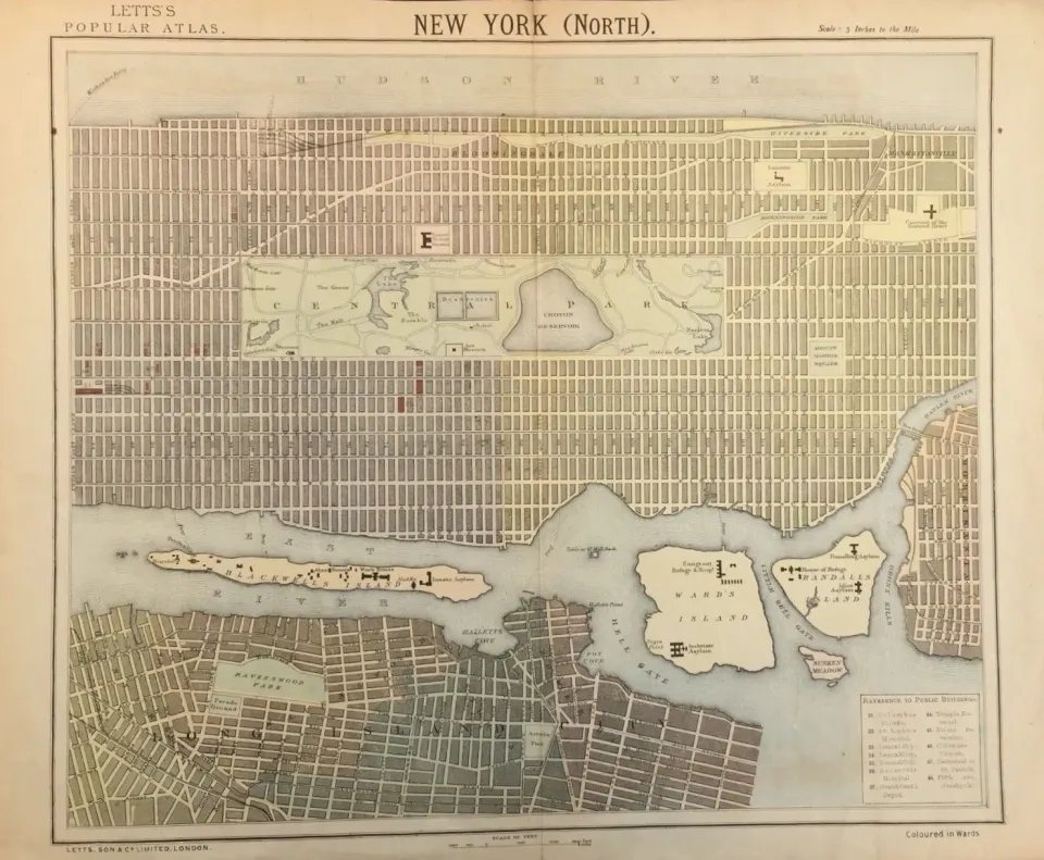 New York Manhattan & Central Park Districts Letts 1883 Antique Map.