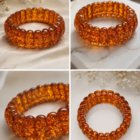 Honey Amber-Colour Stretch Bracelet with Polished Beads