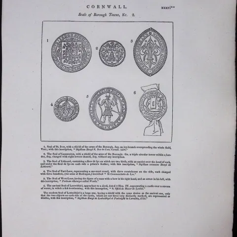 Cornwall Seals of Borough Towns Rare 211 Years-Old Antique Copper Plate Etching 2.