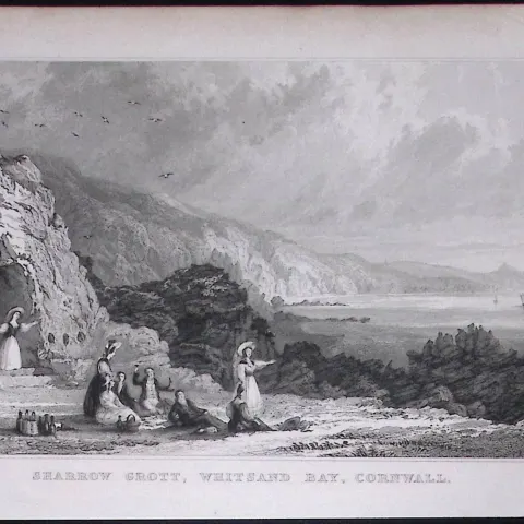 Cornwall Sharrow Grott, Whitsand Bay Antique 193 Years-Old Steel-Engraving-43