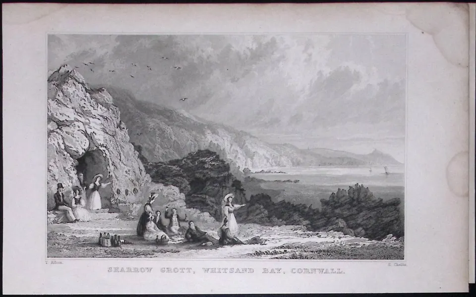 Cornwall Sharrow Grott, Whitsand Bay Antique 193 Years-Old Steel-Engraving-43