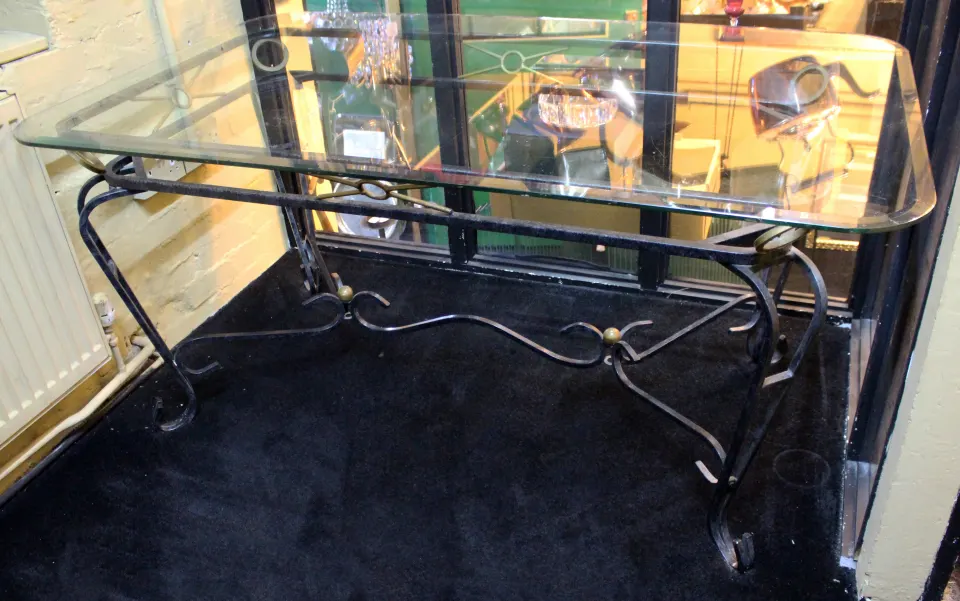 Hollywood Regency Ornate Metal & Glass Dining Centre Table